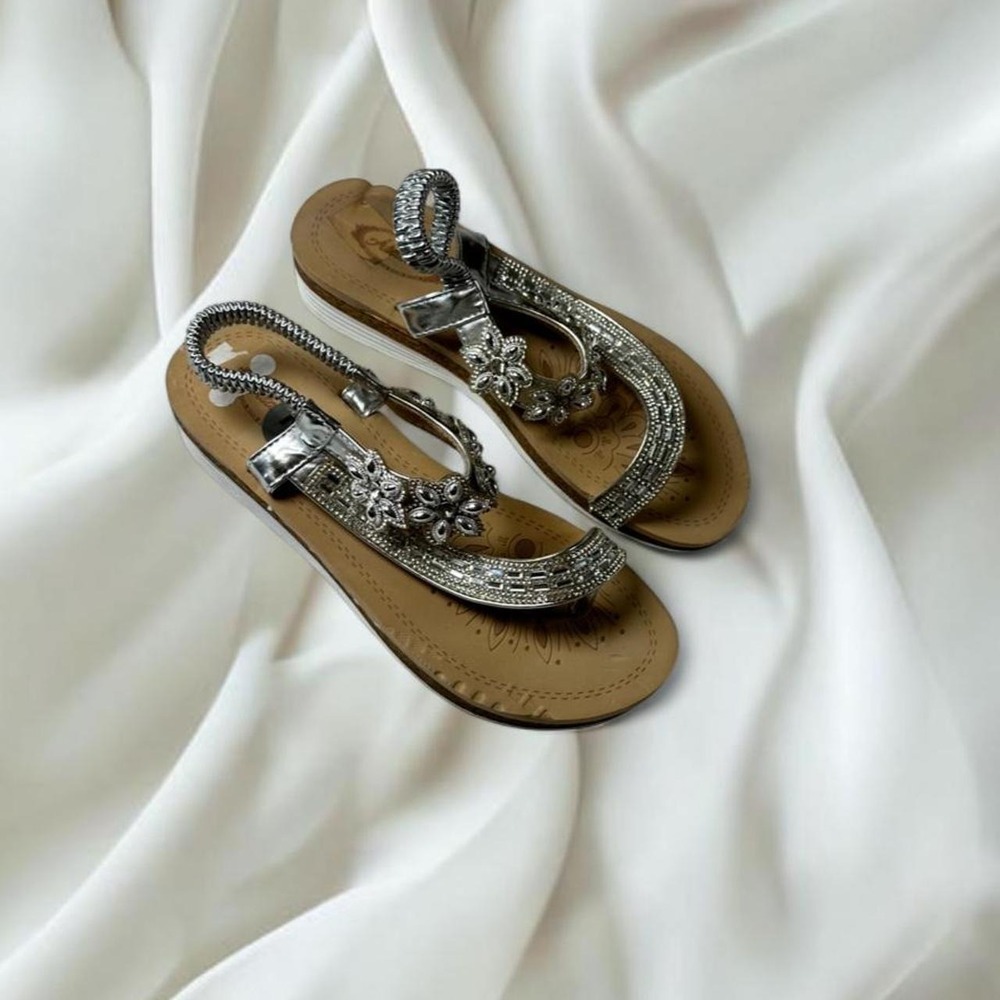 Atalina silver boho rhinestone floral crystal T-strap flat sandals y2k mcbling